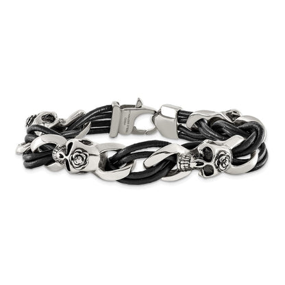 Edelstahl Chisel Antikisiert und Poliert Skulls mit Roses Schwarz Leder 8 Zoll Armband