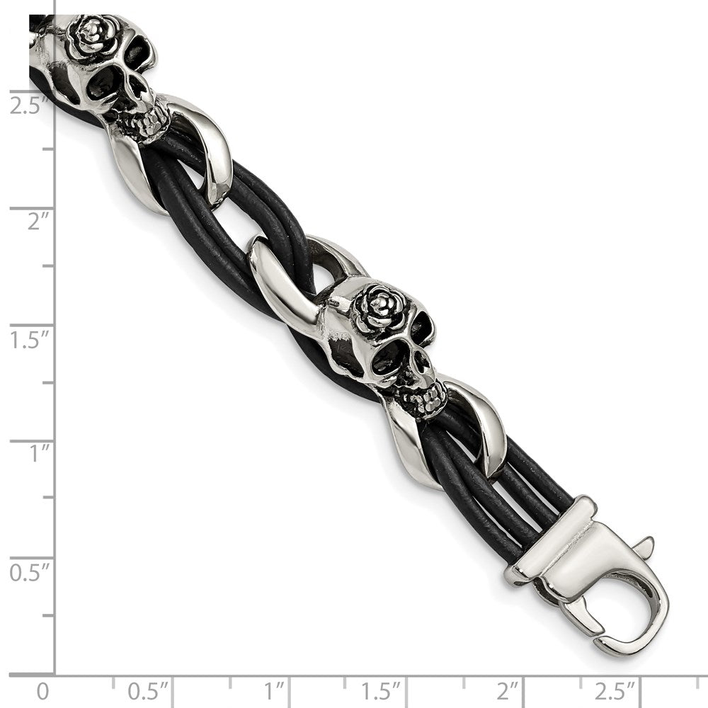 Edelstahl Chisel Antikisiert und Poliert Skulls mit Roses Schwarz Leder 8 Zoll Armband