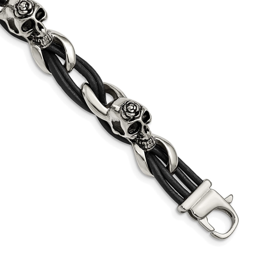 Edelstahl Chisel Antikisiert und Poliert Skulls mit Roses Schwarz Leder 8 Zoll Armband
