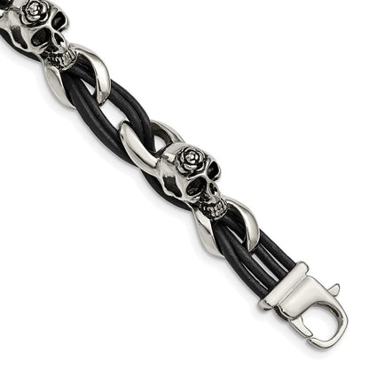 Edelstahl Chisel Antikisiert und Poliert Skulls mit Roses Schwarz Leder 8 Zoll Armband