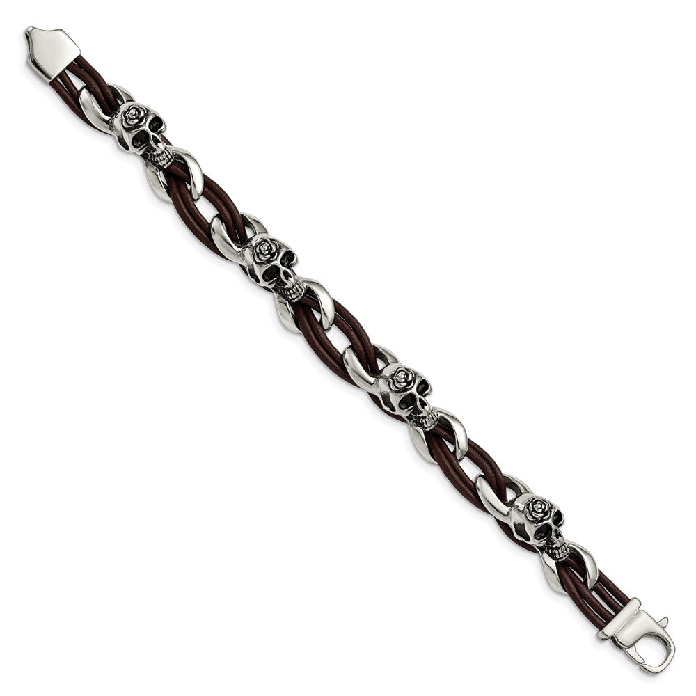 Edelstahl Chisel Antikisiert und Poliert Skulls mit Roses Braun Leder 8 Zoll Armband