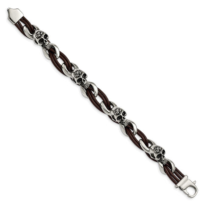 Edelstahl Chisel Antikisiert und Poliert Skulls mit Roses Braun Leder 8 Zoll Armband