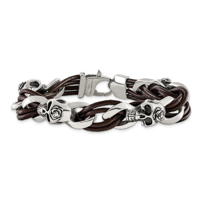 Edelstahl Chisel Antikisiert und Poliert Skulls mit Roses Braun Leder 8 Zoll Armband
