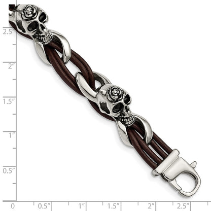 Edelstahl Chisel Antikisiert und Poliert Skulls mit Roses Braun Leder 8 Zoll Armband
