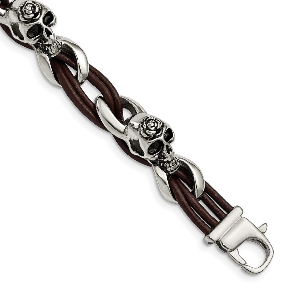 Edelstahl Chisel Antikisiert und Poliert Skulls mit Roses Braun Leder 8 Zoll Armband