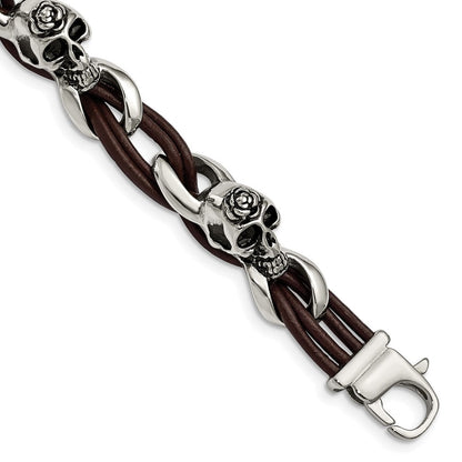 Edelstahl Chisel Antikisiert und Poliert Skulls mit Roses Braun Leder 8 Zoll Armband