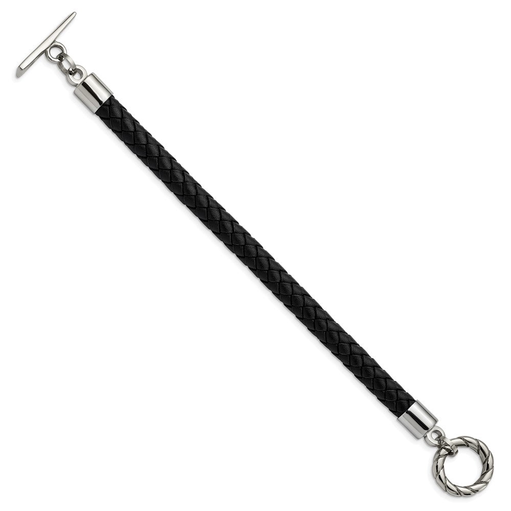Edelstahl Chisel Poliert Schwarz Geflochten Leder Knebel 8.5 Zoll Armband