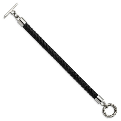 Edelstahl Chisel Poliert Schwarz Geflochten Leder Knebel 8.5 Zoll Armband