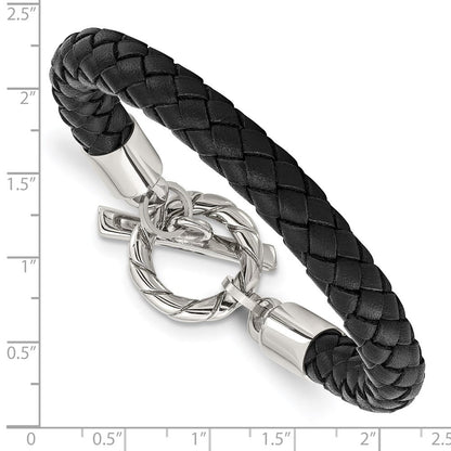 Edelstahl Chisel Poliert Schwarz Geflochten Leder Knebel 8.5 Zoll Armband