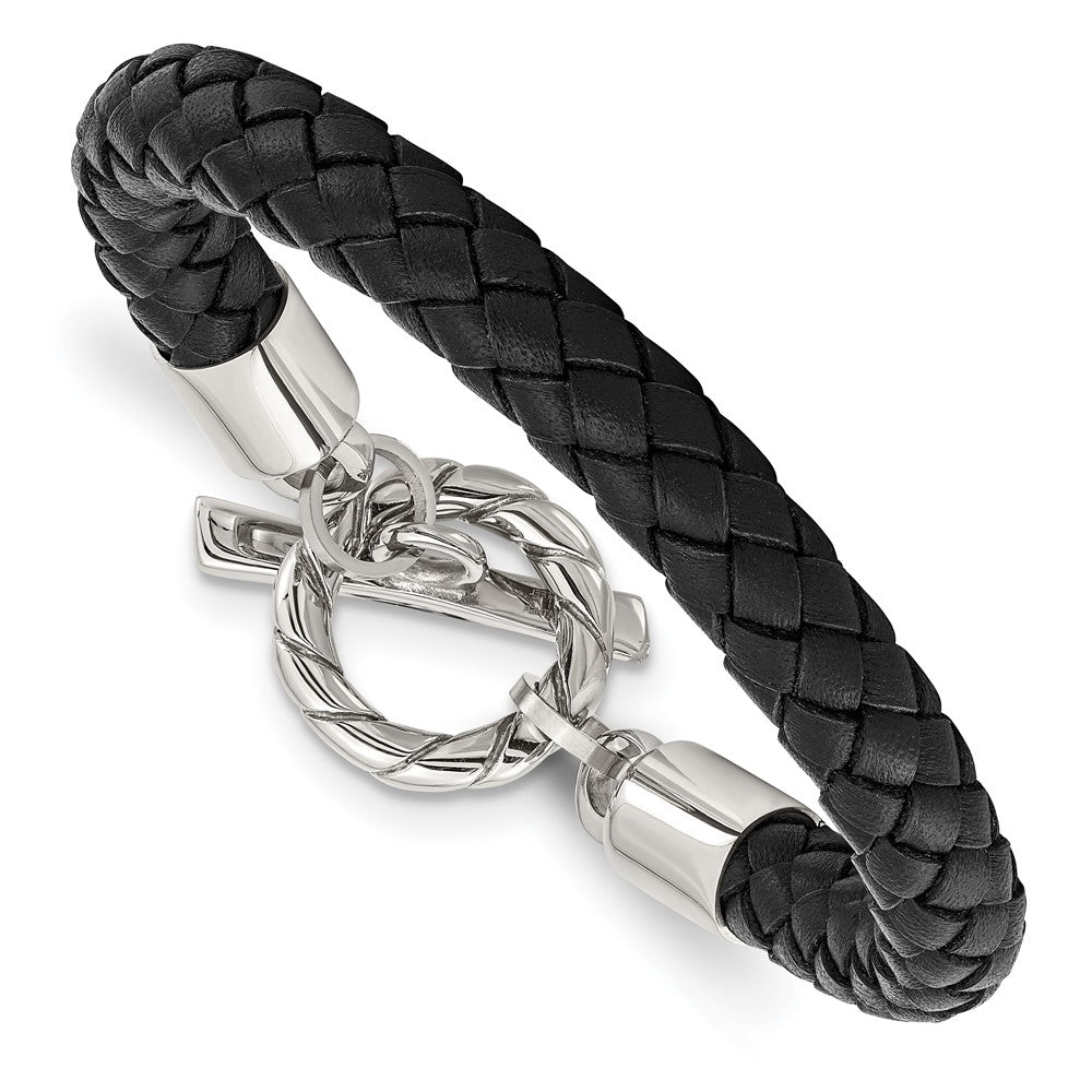 Edelstahl Chisel Poliert Schwarz Geflochten Leder Knebel 8.5 Zoll Armband