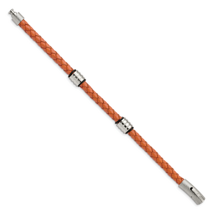 Edelstahl Chisel Poliert Orange Geflochten Leder und Schwarz Gummi 8.25 Zoll Armband