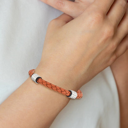 Edelstahl Chisel Poliert Orange Geflochten Leder und Schwarz Gummi 8.25 Zoll Armband