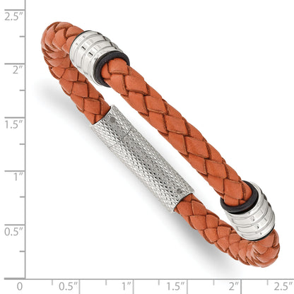 Edelstahl Chisel Poliert Orange Geflochten Leder und Schwarz Gummi 8.25 Zoll Armband