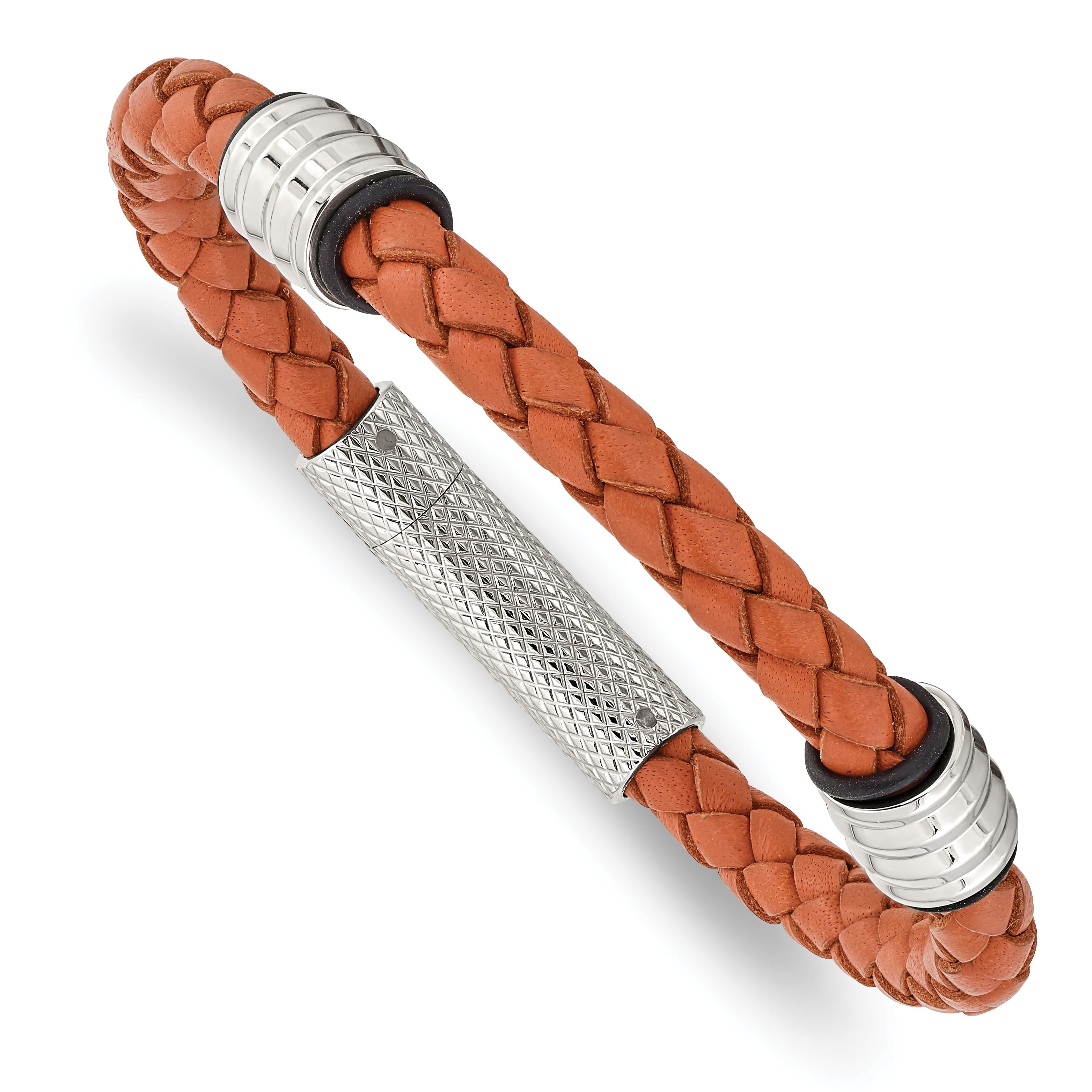 Edelstahl Chisel Poliert Orange Geflochten Leder und Schwarz Gummi 8.25 Zoll Armband