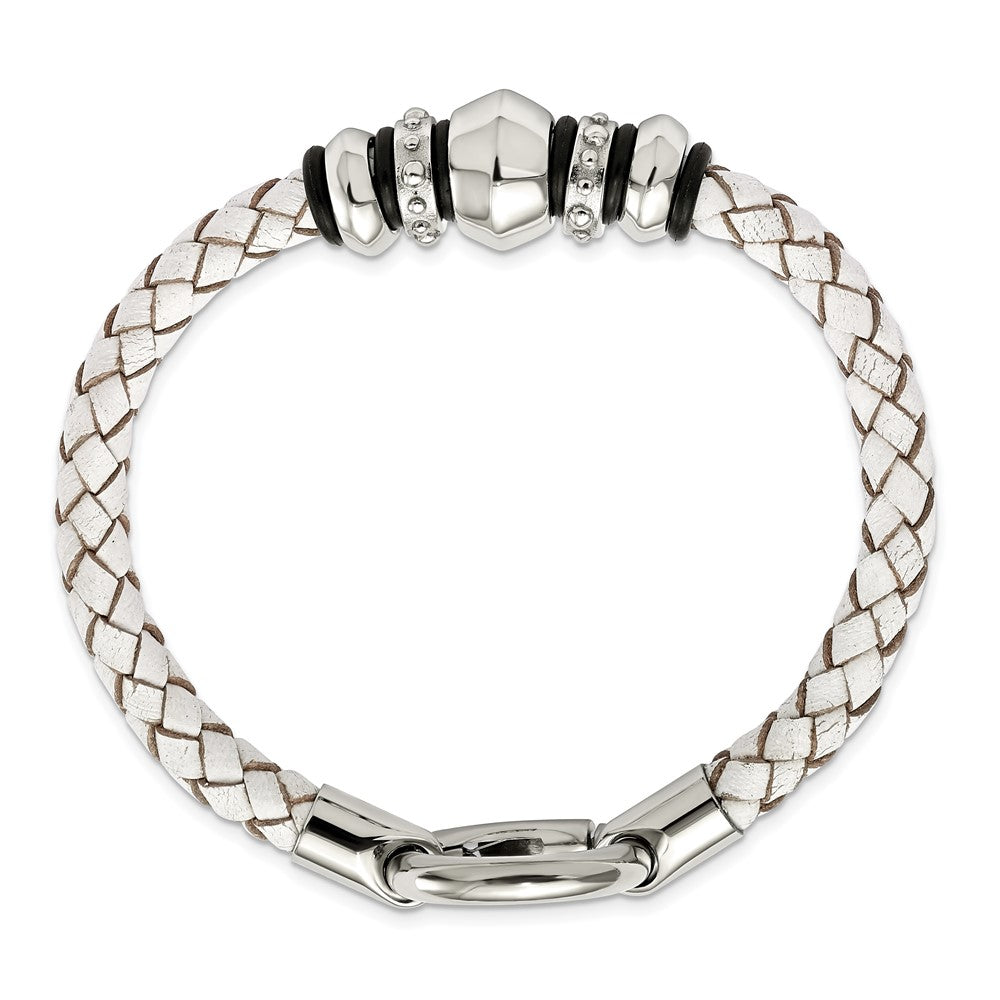 8.25 Zoll Edelstahl Poliert Weiß Leder & Schwarz Gummi 8.25 Zoll Armband