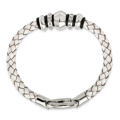 8.25 Zoll Edelstahl Poliert Weiß Leder & Schwarz Gummi 8.25 Zoll Armband