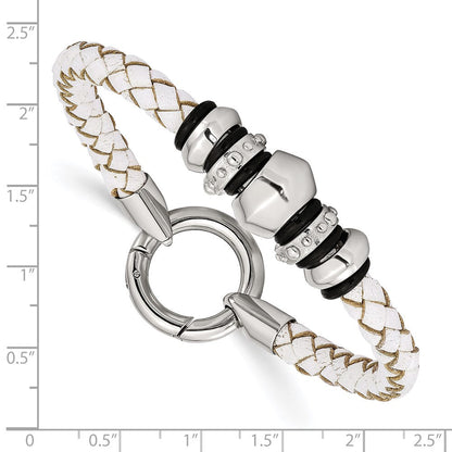 8.25 Zoll Edelstahl Poliert Weiß Leder & Schwarz Gummi 8.25 Zoll Armband