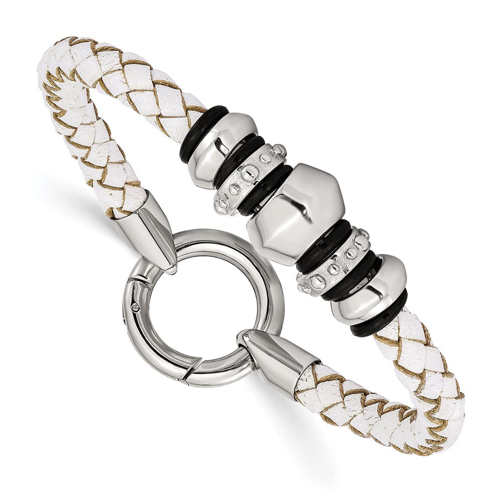 8.25 Zoll Edelstahl Poliert Weiß Leder & Schwarz Gummi 8.25 Zoll Armband