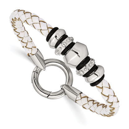 8.25 Zoll Edelstahl Poliert Weiß Leder & Schwarz Gummi 8.25 Zoll Armband