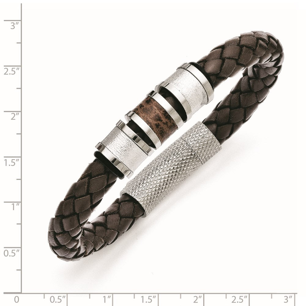 Edelstahl Chisel Poliert und Strukturiert Braun Metallic Farbe Leder mit Schwarz Gummi 8.25 Zoll Armband