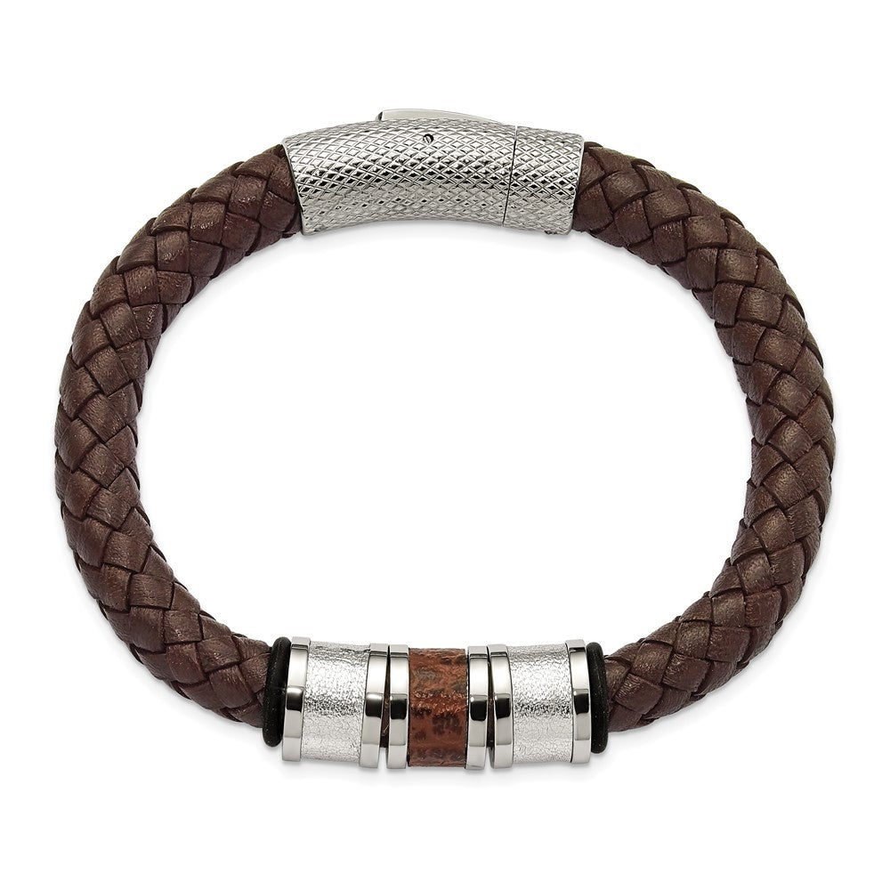 Edelstahl Chisel Poliert und Strukturiert Braun Metallic Farbe Leder mit Schwarz Gummi 8.25 Zoll Armband