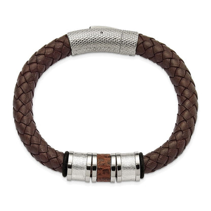 Edelstahl Chisel Poliert und Strukturiert Braun Metallic Farbe Leder mit Schwarz Gummi 8.25 Zoll Armband