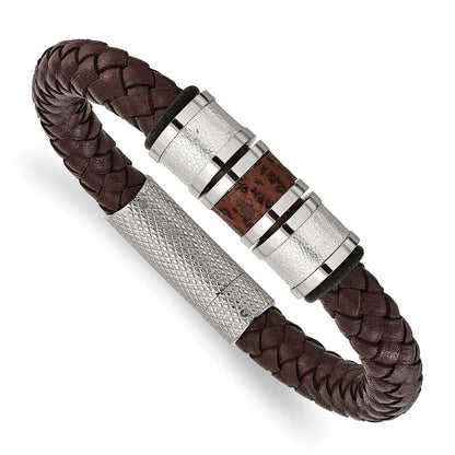 Edelstahl Chisel Poliert und Strukturiert Braun Metallic Farbe Leder mit Schwarz Gummi 8.25 Zoll Armband