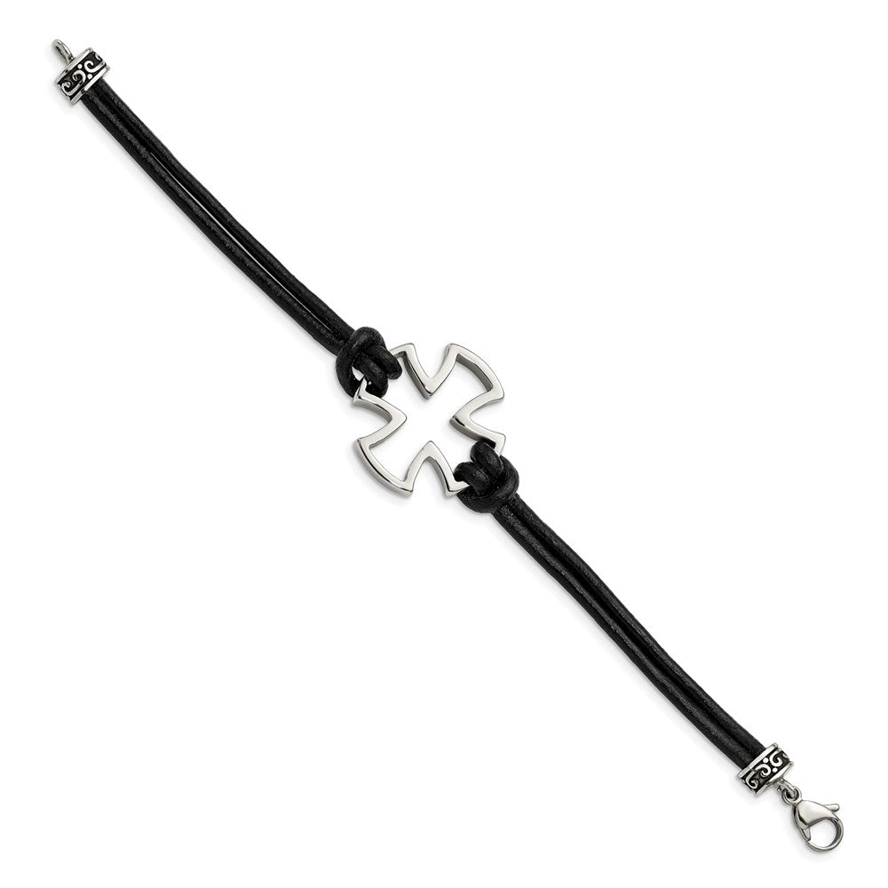 Edelstahl Chisel Antikisiert und Poliert Kreuz Schwarz Leder 8.25 Zoll Armband