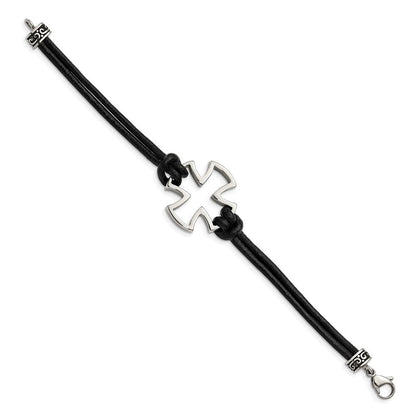 Edelstahl Chisel Antikisiert und Poliert Kreuz Schwarz Leder 8.25 Zoll Armband