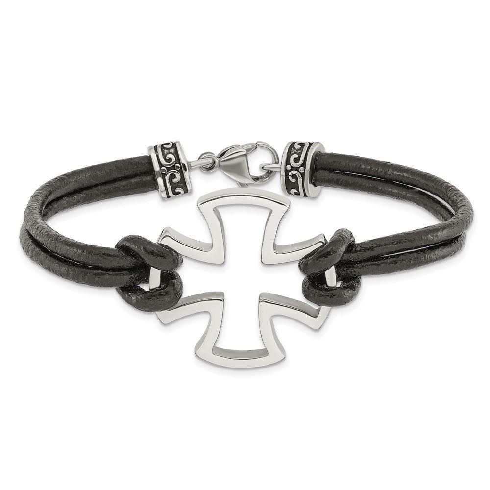 Edelstahl Chisel Antikisiert und Poliert Kreuz Schwarz Leder 8.25 Zoll Armband