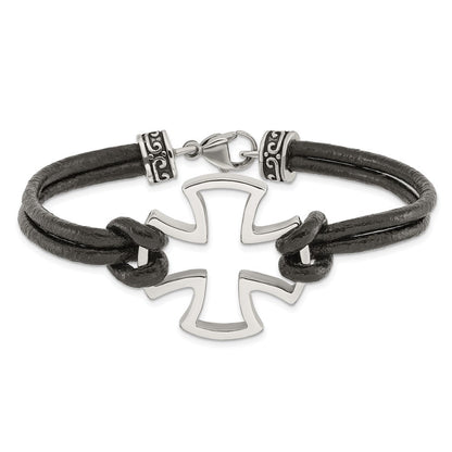 Edelstahl Chisel Antikisiert und Poliert Kreuz Schwarz Leder 8.25 Zoll Armband