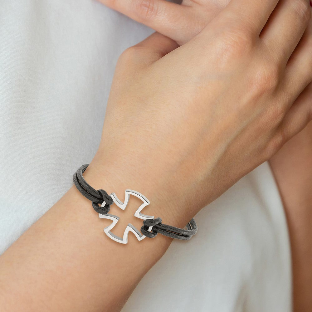 Edelstahl Chisel Antikisiert und Poliert Kreuz Schwarz Leder 8.25 Zoll Armband