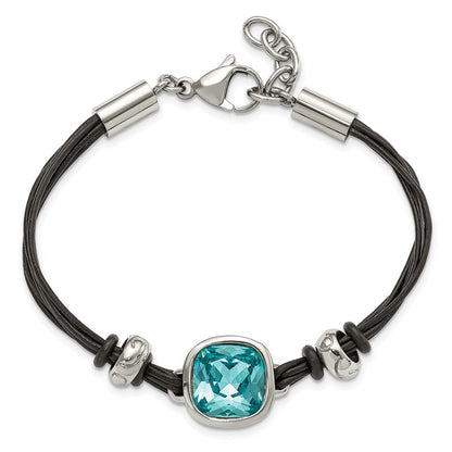 7 Zoll Edelstahl Poliert mit Blau Glas Leder 7 Zoll mit 1 Zoll Verlängerung Armband