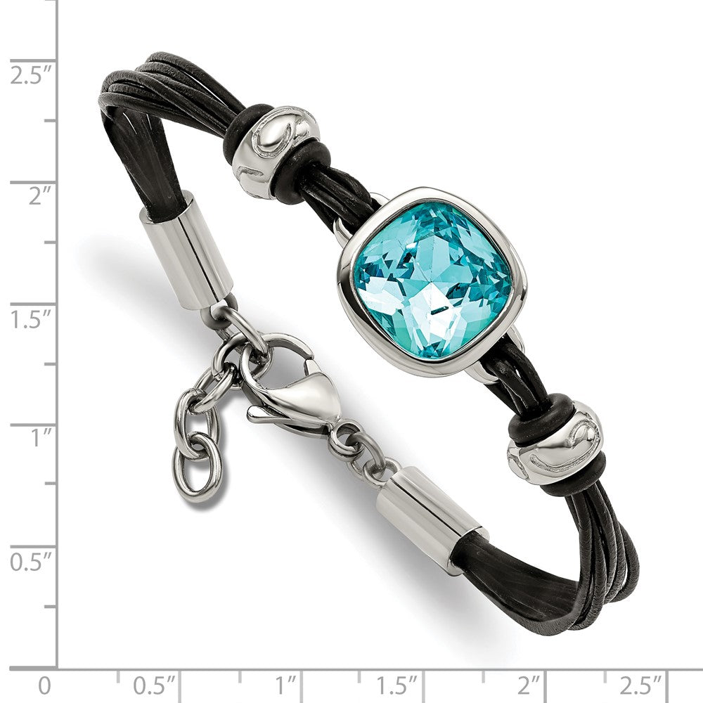 7 Zoll Edelstahl Poliert mit Blau Glas Leder 7 Zoll mit 1 Zoll Verlängerung Armband