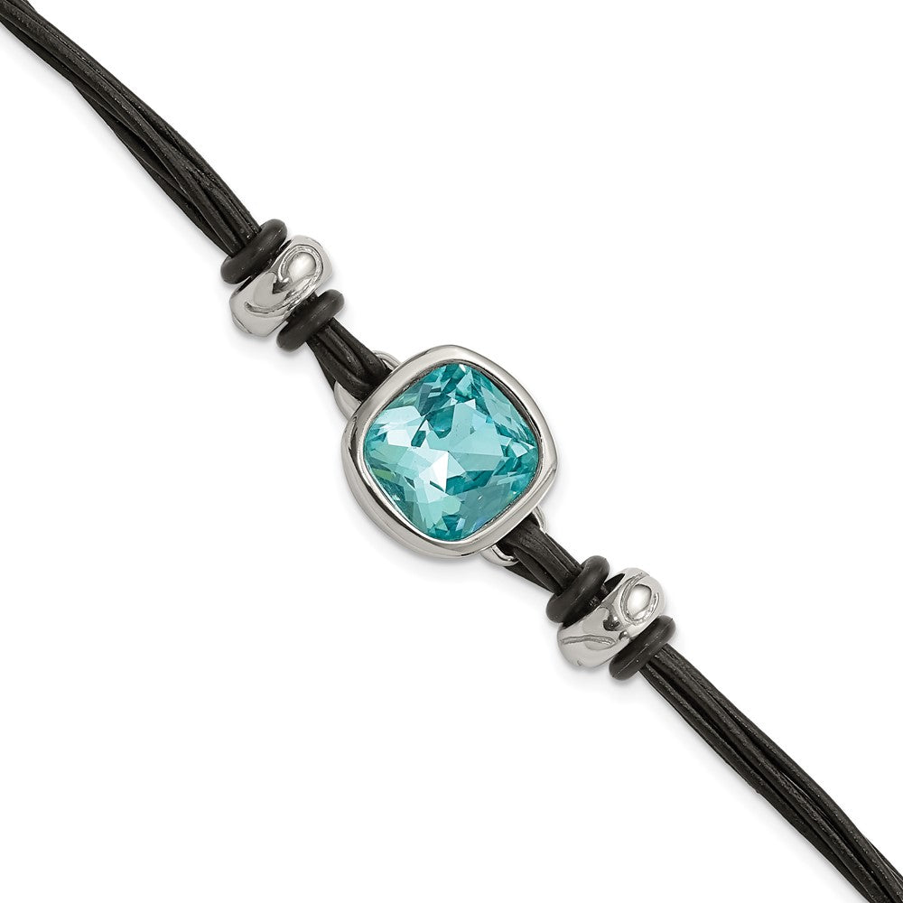 7 Zoll Edelstahl Poliert mit Blau Glas Leder 7 Zoll mit 1 Zoll Verlängerung Armband