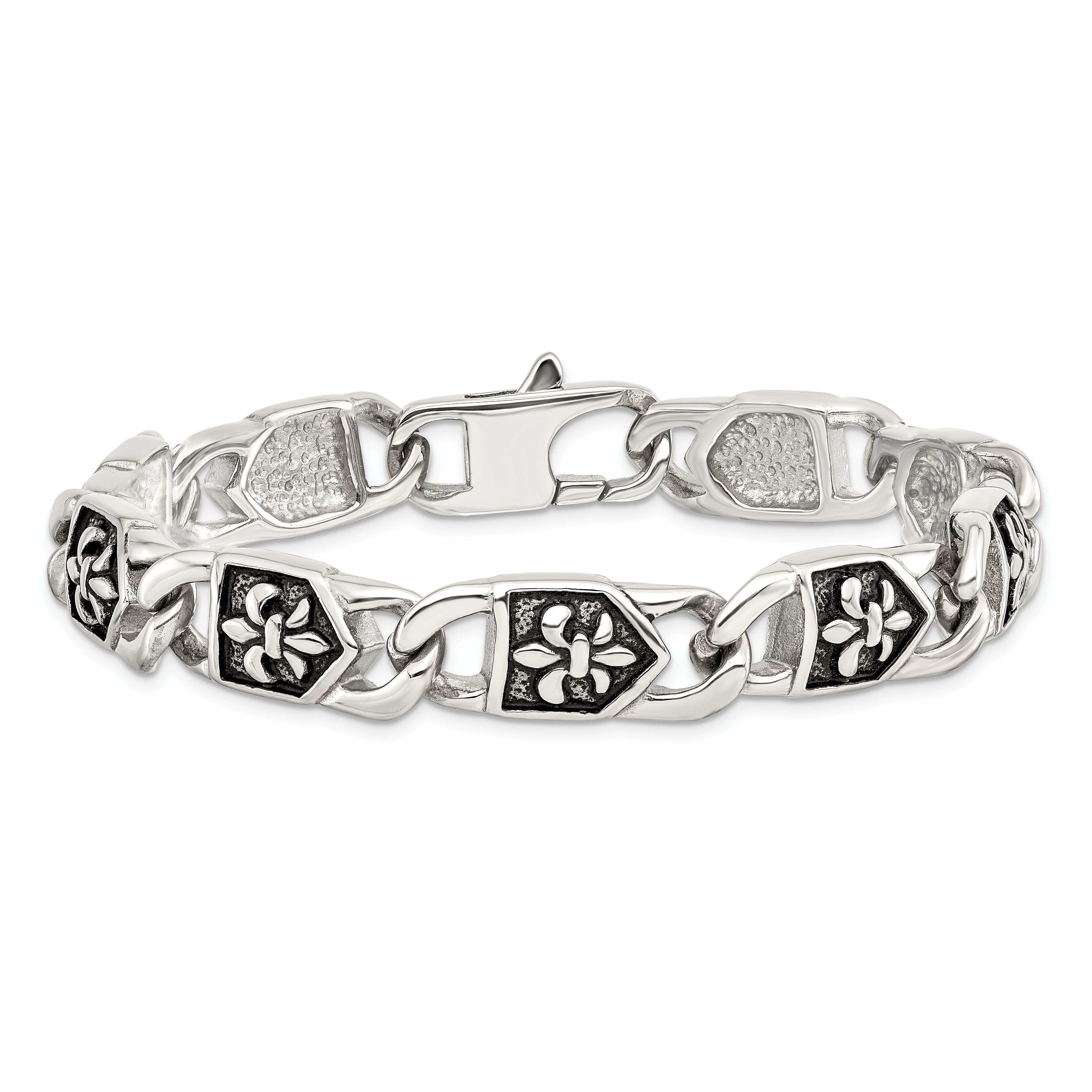 Edelstahl Chisel Antikisiert und Poliert Fleur De Lis 8.75 Zoll Glieder Armband