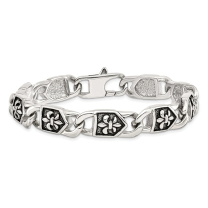 Edelstahl Chisel Antikisiert und Poliert Fleur De Lis 8.75 Zoll Glieder Armband