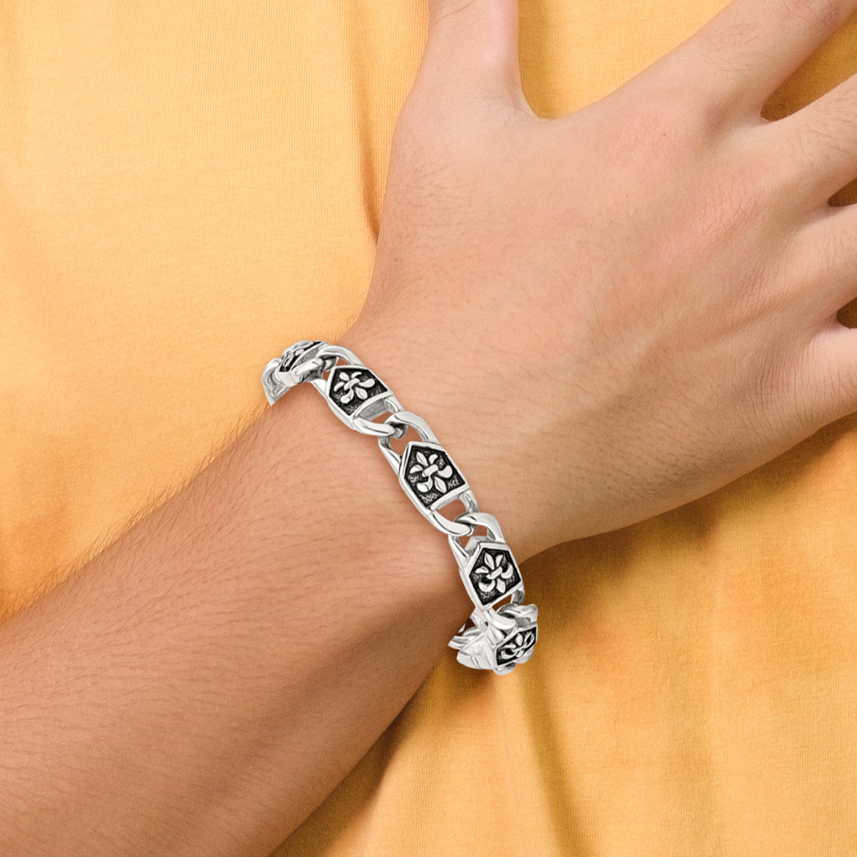 Edelstahl Chisel Antikisiert und Poliert Fleur De Lis 8.75 Zoll Glieder Armband