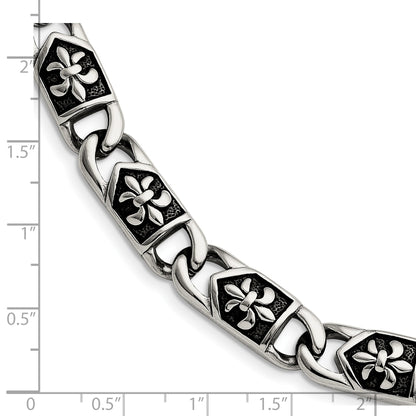 Edelstahl Chisel Antikisiert und Poliert Fleur De Lis 8.75 Zoll Glieder Armband