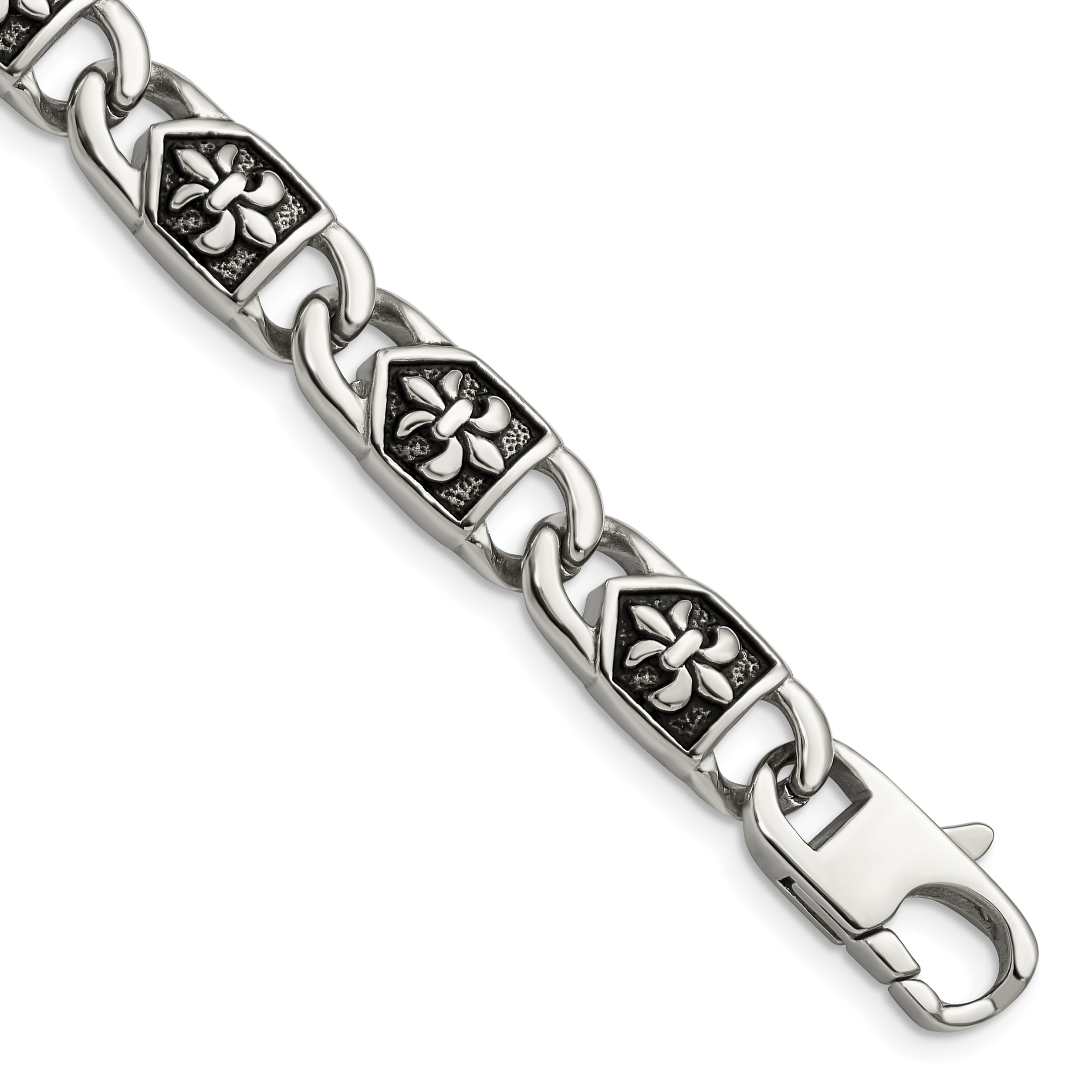 Edelstahl Chisel Antikisiert und Poliert Fleur De Lis 8.75 Zoll Glieder Armband