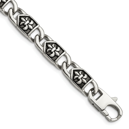 Edelstahl Chisel Antikisiert und Poliert Fleur De Lis 8.75 Zoll Glieder Armband