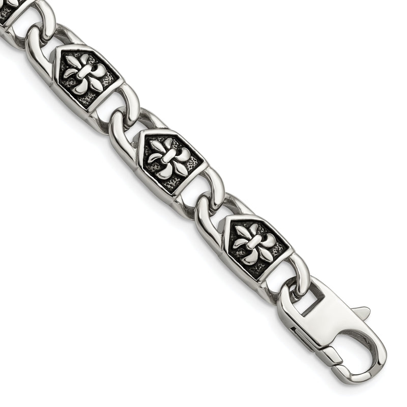 Edelstahl Chisel Antikisiert und Poliert Fleur De Lis 8.75 Zoll Glieder Armband