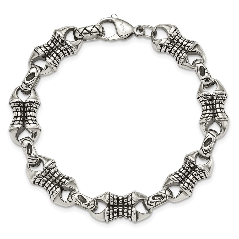 Edelstahl Chisel Antikisiert und Poliert 8.75 Zoll Gemustert Glieder Armband