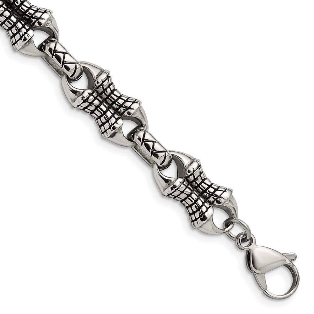 Edelstahl Chisel Antikisiert und Poliert 8.75 Zoll Gemustert Glieder Armband