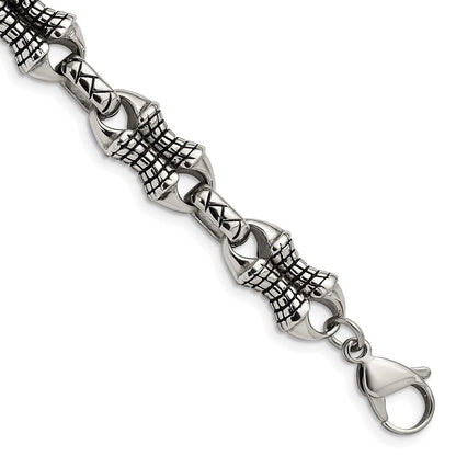 Edelstahl Chisel Antikisiert und Poliert 8.75 Zoll Gemustert Glieder Armband