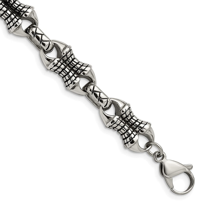 Edelstahl Chisel Antikisiert und Poliert 8.75 Zoll Gemustert Glieder Armband