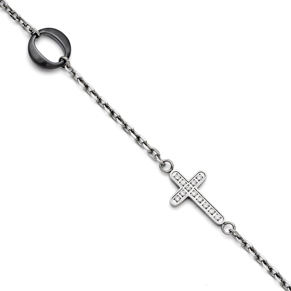 7.25 Zoll Edelstahl und Keramik Poliert Seitlich Kreuz Zirkonia Armband