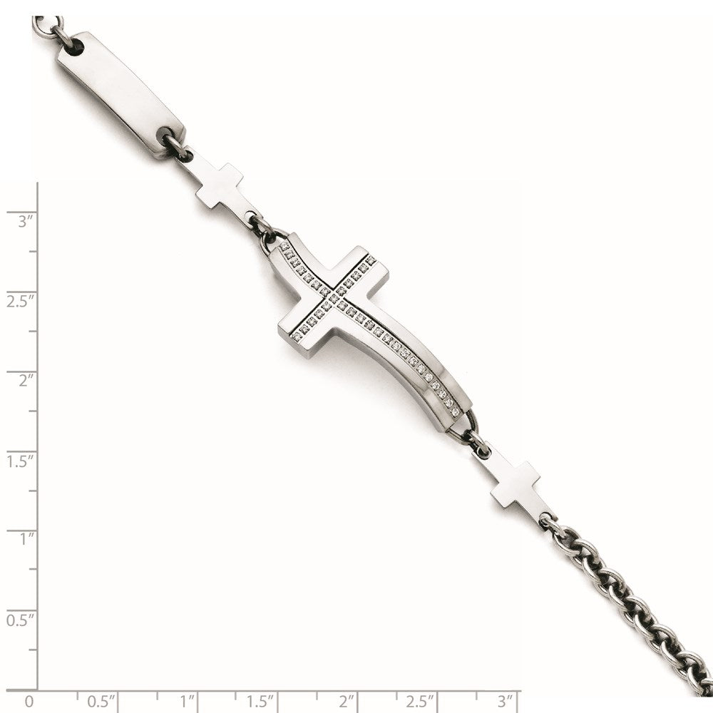 7.5 Zoll Edelstahl Poliert Gewellt Zirkonia Seitlich Kreuz Armband
