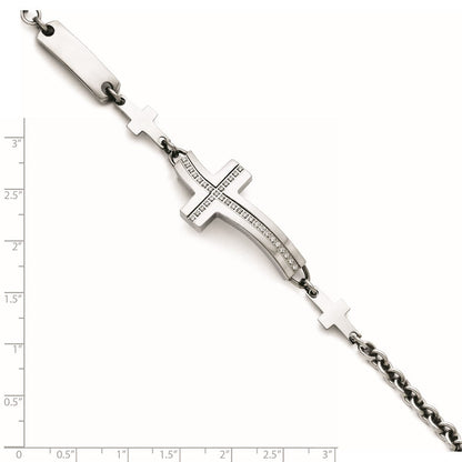 7.5 Zoll Edelstahl Poliert Gewellt Zirkonia Seitlich Kreuz Armband