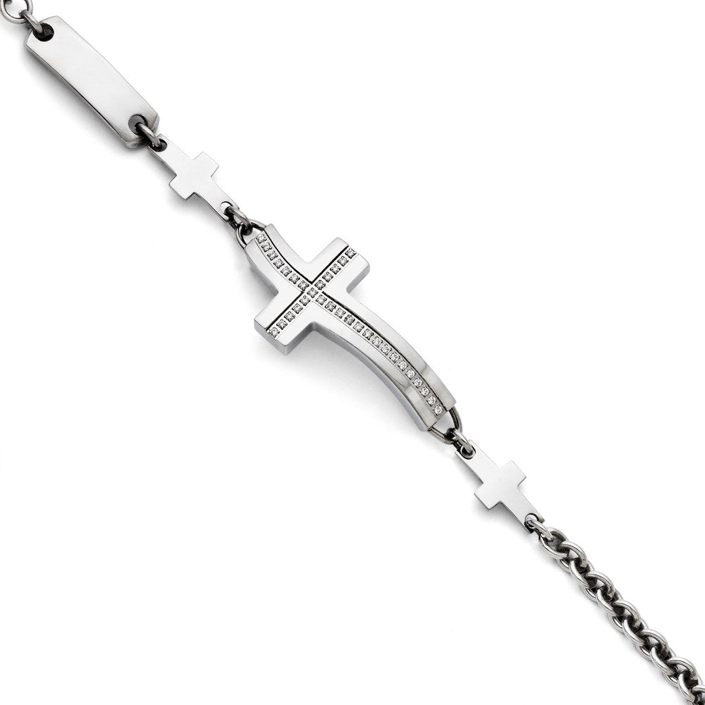 7.5 Zoll Edelstahl Poliert Gewellt Zirkonia Seitlich Kreuz Armband